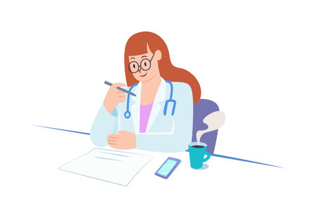 female doctor sitting at a desk working on paperwork.のイラスト素材
