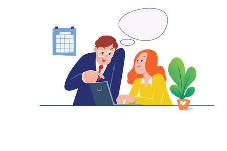 Brightly colored cartoon images of men and women working in the office.のイラスト素材