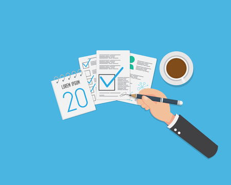 Hand Holding Pencil to Document Signed contract , calenda and coffee break.のイラスト素材