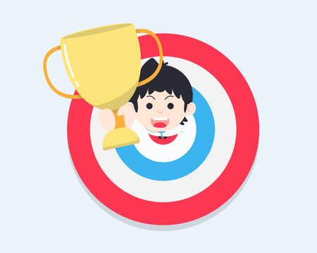 SD Business Man Standing on the target and raising the winner trophyReach the goal and grab your reward.のイラスト素材