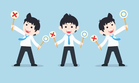 SD Business Man Holding a sign showing the right and wrong yes and no. You are the judgeのイラスト素材