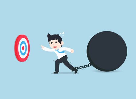 SD Business Man Stuck with problems and obstacles, therefore unable to achieve the goal. There are many obstacles that prevent us from reaching our goal.のイラスト素材