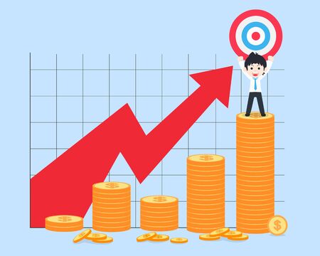 SD Business Man Stand holding the target on the bar chart of coins highest point. If you have a good business plan. You will get a profit.のイラスト素材