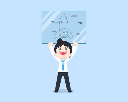 SD Business Man Holding the Blueprint of the rocket in display monitor.のイラスト素材
