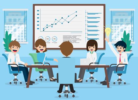 Salary men present new ideas in the meeting room to colleagues.のイラスト素材