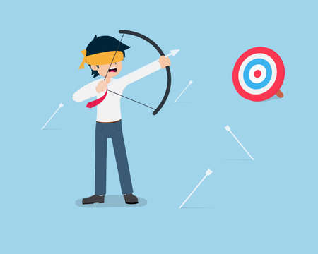 Salary Man Being blindfolded and the arrow misses the target because of being invisible. A good business plan must have a clear goal.のイラスト素材