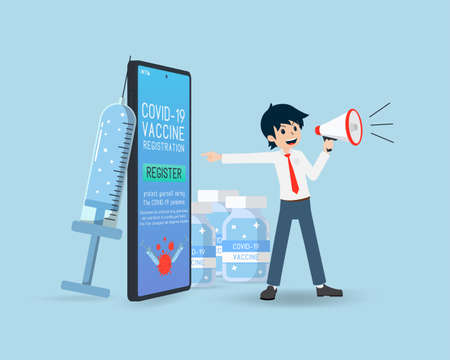 Salary Man Pointing to Mobile Phone And Announce about Covid Coronavirus Vaccine Registration. Vaccination has protected many generations and contributed to providing good health.のイラスト素材