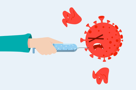 Flat Hand holding a Vaccine Syringe against the Coronavirus COVIDのイラスト素材
