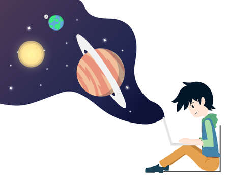 Boy is Exploring Everything that is Need to Know from a Notebook. Space Earth Moon Sun Everythingのイラスト素材