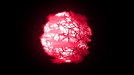 Red Energy Planet Solar Sun Ball Sphere in Black Background. Power Gravity Suction Galaxy Star Field in Space Backgroundの写真素材