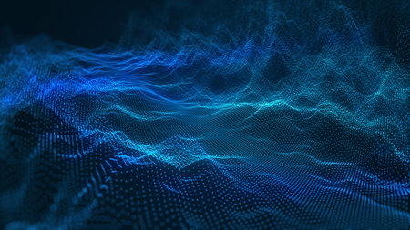 Digital Particle Wave Street Road Field Technology Background. Abstract Small Particles digital...