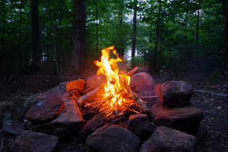 Bright Campfire at Campsite in the Adirondack Mountains of Upstate New Yorkの写真素材