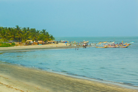 Boats on the shoreline of Banjul in Gambia, West Africaの写真素材