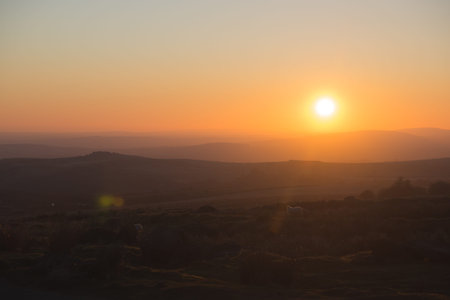 A view of the sunset over Dartmoor, UKの写真素材