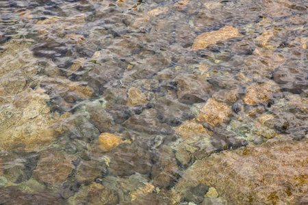 Bottom of Lake Tahoe seen through clear and rippling water.