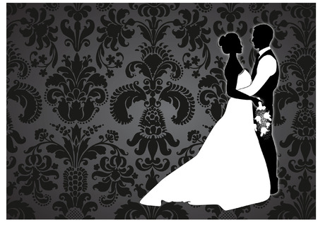 BRIDE AND GROOM WITH damask backgroundのイラスト素材