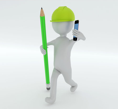 Workman with hardhat ruler and mobile