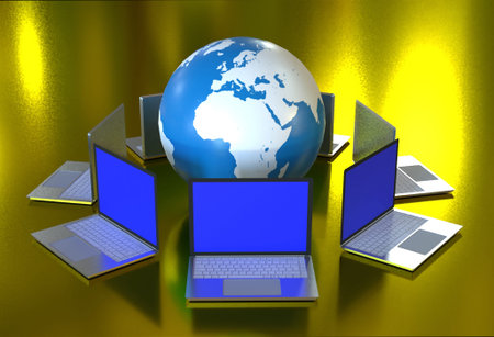 Laptop with globeの写真素材