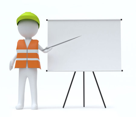 Small worker with hard hat and high vis jacket pointing at blank screenの写真素材