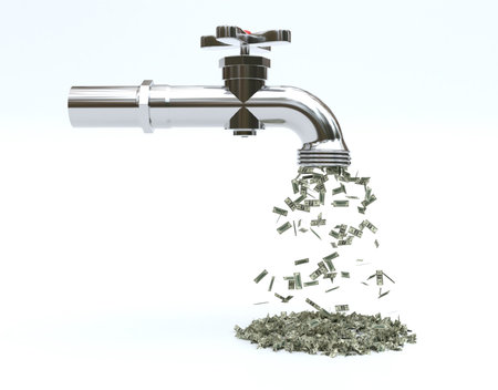 Cash Flooding from tap waste moneyの写真素材