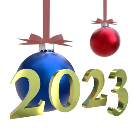 Christmas decoration hanging on red ribbon with new years 3D letteringの写真素材