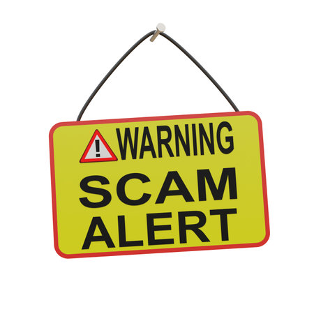 Scam warning sign in black and yellowの写真素材