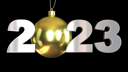 2023 with silver numbers and gold bauble