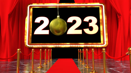 red carpet with golden christmas ball and numbers 2022, 3d render