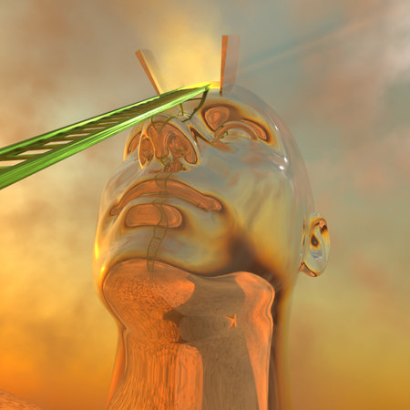 Human head in a surreal landscape. 3D render.の写真素材