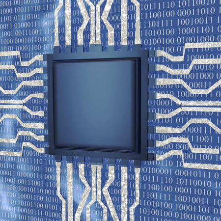Computer chip with binary code on the blue background.