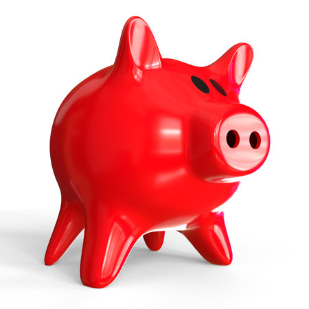 Red piggy bank on white background. Isolated 3D imageの写真素材