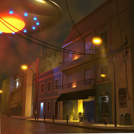 Illustration of a street in the night with lights and a UFOの素材