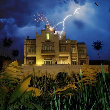 Conceptual image of a building with lightning in the night skyの素材