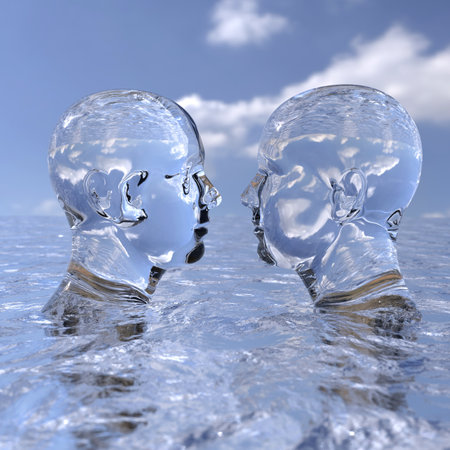 Two glass heads in the water - 3d render illustration.の素材