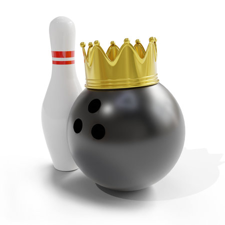Bowling ball with golden crown and skittles on white backgroundの素材