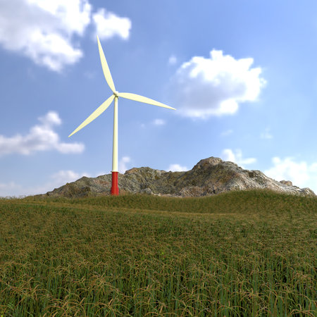 Wind turbines in a grassy meadow with a mountain in the backgroundの素材