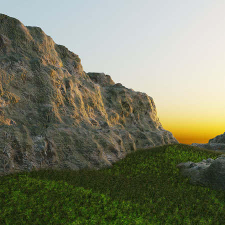 Beautiful landscape with green grass and rocks at sunset. 3d renderの素材