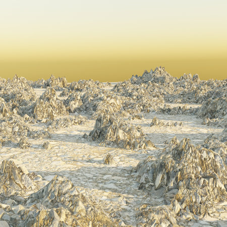 Fantasy alien planet. Mountain covered with snow. 3D illustrationの素材