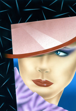 airbrush illustration of a beautiful woman in a hat with blue eyesの写真素材