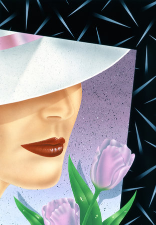 Illustration of a woman in hat with tulips on a dark background airbrush illustrationの写真素材