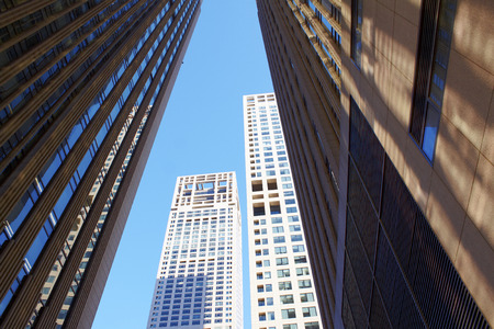 Looking up Lower World Trade Center,Beijing,Chinaの写真素材