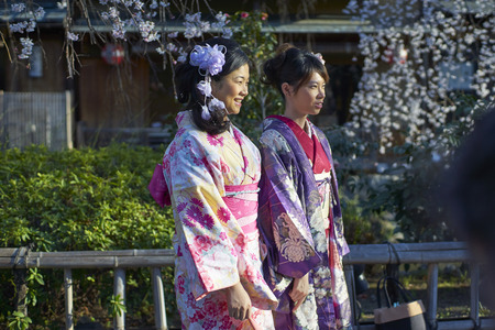 Kyoto,Japan - 27 March,2015 : japanese kimono women and cherry blossomのeditorial素材