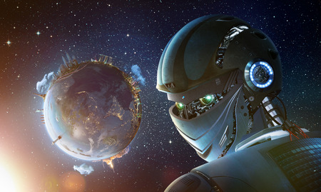 Robot stylish looking back with planet Earth from space. Future technology concept, artificial intelligence. Elements of this image furnished by NASAの写真素材