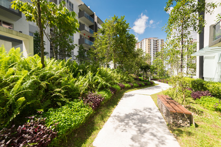 Modern residential buildings with outdoor facilities,green, Facade of new low-energy housesの写真素材