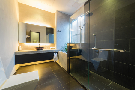 PORT DICKSON, MALAYSIA - FEB 04: Bathroom interior of Villa L1638 on Feb 04, 2017 in Port Dickson, Malaysia. Villa L1638 is a modern and luxury home stay located 1km from Port Dickson Town .のeditorial素材