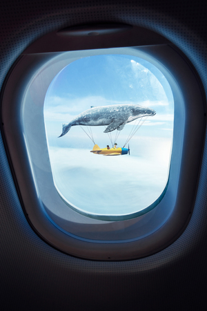 Whale floats in the air above the clouds carrying children in a yellow airplane,seen through window of an aircraft , dreams and travel concept .の写真素材