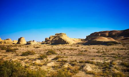 Tranquil  desert with sandstones with clear blue sky ,Scenery in Tibet .の写真素材