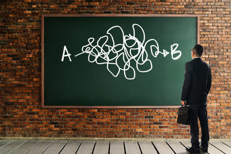 Businessman looking and thinkin  front of a chalkboard brick wall with the  complicated solution...