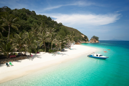 Beautiful beach aerial view over a Rawa island. White sandy beach seen from above. Malaysia .の写真素材