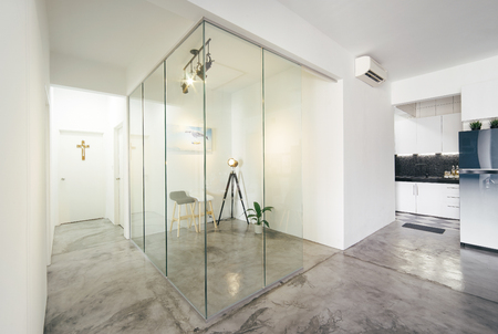 Modern study room and kitchen interior with glass partition in a loft style house , Interior photography.の写真素材
